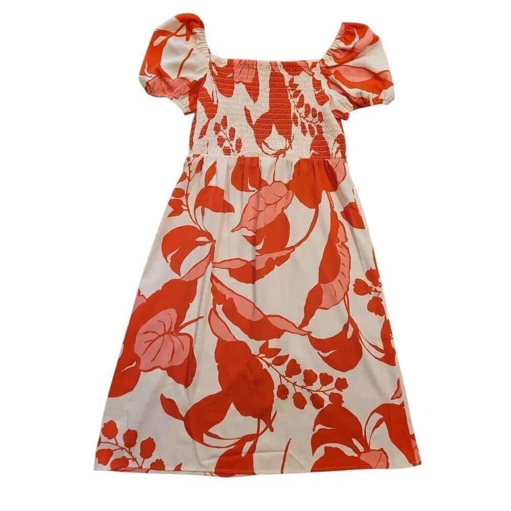 Ann Taylor Dress Women's Small Petite Pink Red Floral Smocked Jersey Midi